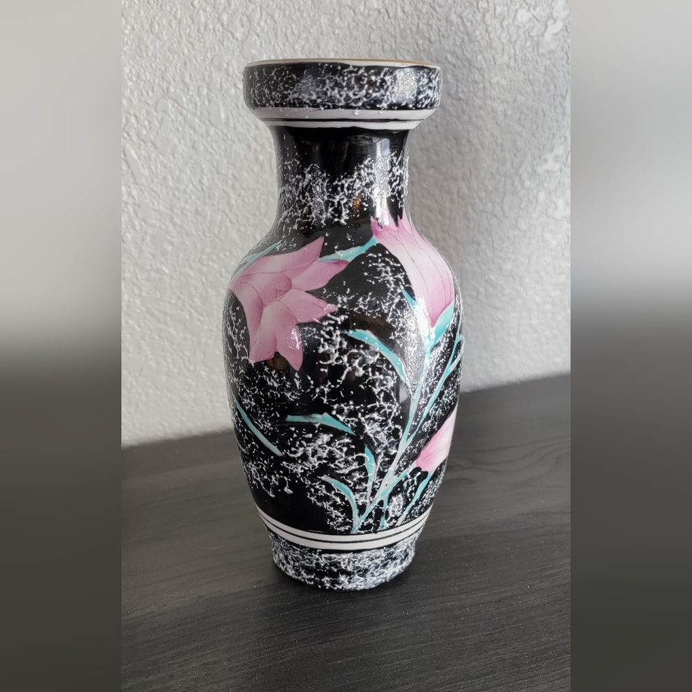 Vintage Black Moriage Textured Hand Painted Vase With Pink Flowers